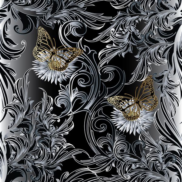 الگوی پروانه ها پروانه ها و زیور آلات پرنعمت گل های سه بعدی تزئینی کاغذ دیواری گلدار تصویر وکتور گلدار پس زمینه گل مشکی پروانه های طلایی