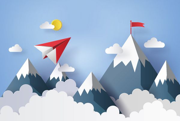 تصویری از منظره طبیعت و مفهوم کسب و کار پرواز هواپیما در آسمان با ابر و کوه طراحی به سبک هنر و کاردستی کاغذی