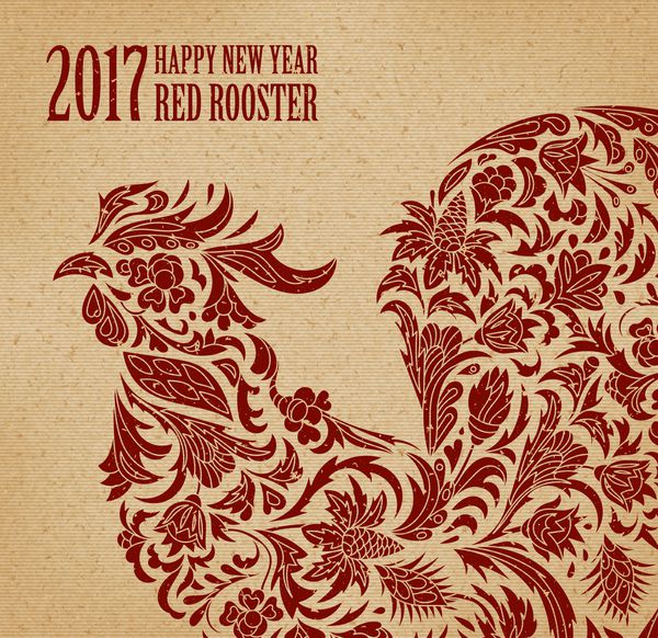 وکتور از خروس نماد سال 2017 در تقویم چینی شبح قرمز تزئین شده با الگوهای گل عنصر وکتور برای طراحی سال جدید چاپ کاغذ قدیمی