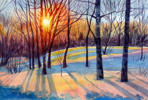 نقاشی آبرنگ جنگل زمستانی
