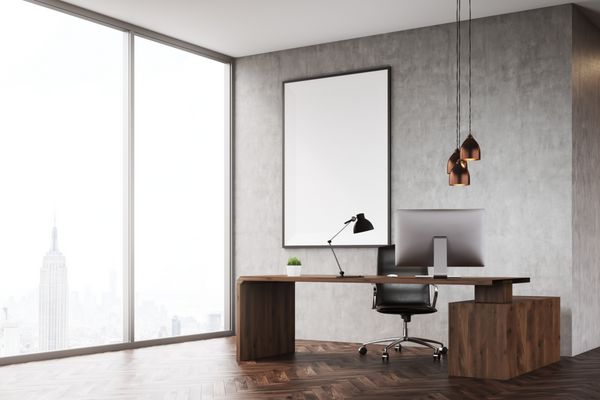 نمای جانبی دفتر مدیر ارشد با میز و پوستر عمودی بزرگ روی دیوار بتنی رندر سه بعدی مدل آزمایشگاهی ماکت