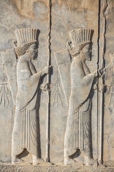 سربازان امپراتوری تاریخی با سلاح در دست نقش برجسته سنگی در شهر باستانی تخت جمشید ایران