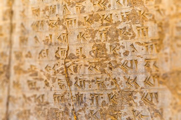 بخشی از جزئیات خط میخی باستانی در نمای پلکانی آپادانا در تخت جمشید ایران