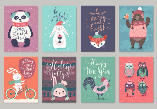 مجموعه کارت حیوانات کریسمس سبک طراحی شده با دست وکتور