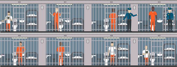 مجموعه حبس ابد زندانیان پشت سر پلیس فضای داخلی داخل خانه افرادی با لباس نارنجی