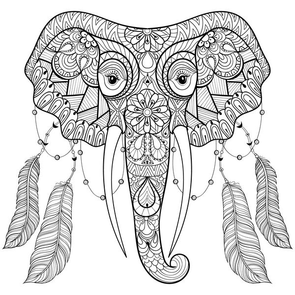فیل هندی زنتاگل با پرهای پرنده به سبک بوهو شیک طرحی با دست آزاد برای صفحه رنگ آمیزی ضد استرس بزرگسالان کتاب وکتور برای چاپ تی شرت پارچه هنر درمانی