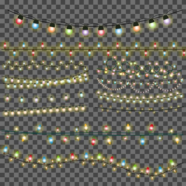 گلدسته چراغ های کریسمس روی پس زمینه شفاف وکتور ست بزرگ چراغ های درخشان برای طراحی کارت تبریک تعطیلات کریسمس