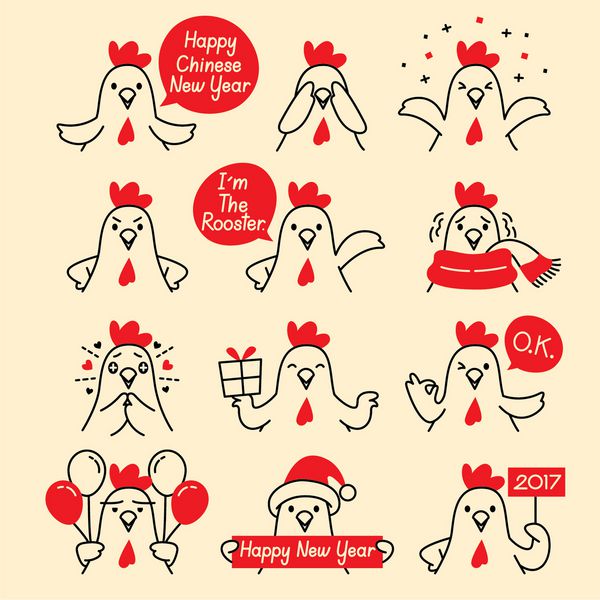 مجموعه نمادهای شکلک خروس جشن سنتی سال نو مبارک چین شکلک بیان حیوان