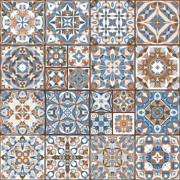 مجموعه ای از کاشی های سرامیکی در رنگ های رترو مجموعه ای از الگوهای مربع در سبک قومی وکتور