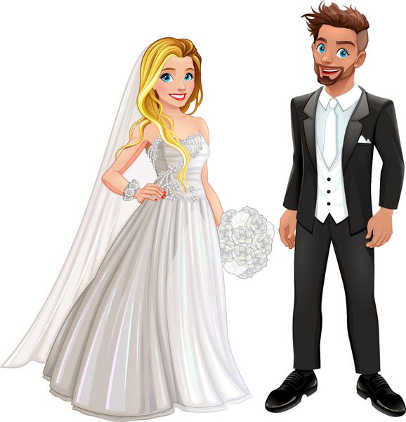 عروس و داماد در روز عروسی وکتور شخصیت های کارتونی جدا شده