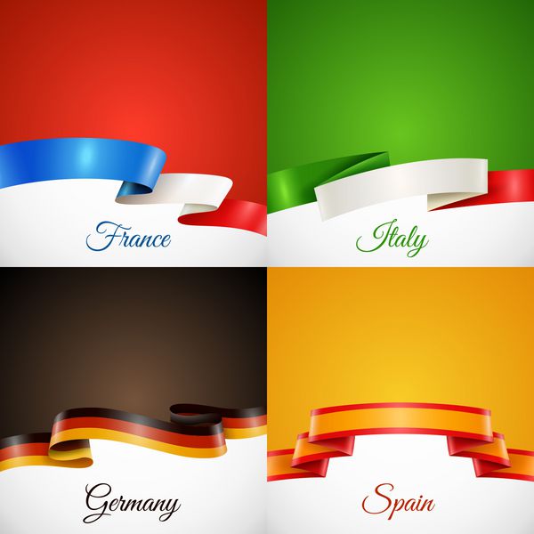 نمادهای مفهومی روبان طرح پرچم با نمادهای فرانسه ایتالیا آلمان و اسپانیا وکتور جدا شده مسطح
