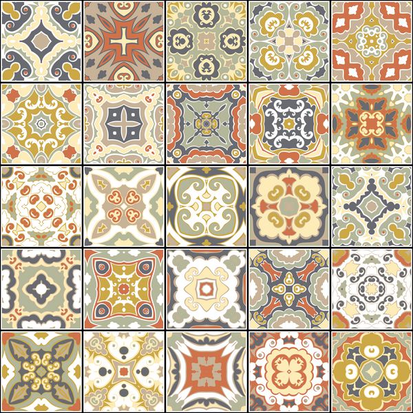 مجموعه ای از کاشی های سرامیکی در رنگ های رترو مجموعه ای از الگوهای مربع در سبک قومی وکتور