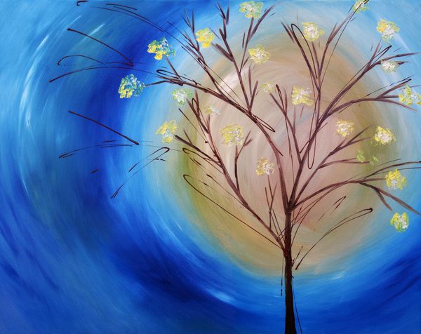 نقاشی رنگ روغن اصلی روی بوم درخت پاییزی در برابر آسمان آبی در حال چرخش