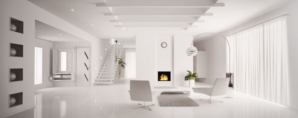 داخلی آپارتمان سفید با رندر سه بعدی شومینه و راه پله
