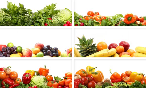 بافت های تغذیه ای میوه ها و سبزیجات جدا شده روی سفید