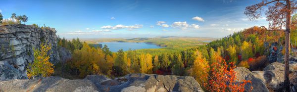 منظره پاییزی با کوه و دریاچه