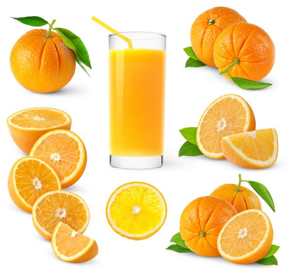 مجموعه ایزوله نارنجی تصاویر مختلف از میوه های پرتقال کامل و برش خورده و لیوان آب میوه جدا شده در زمینه سفید