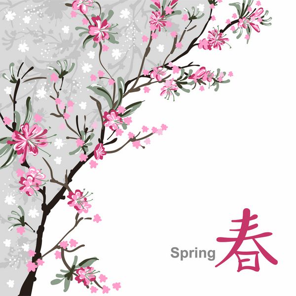 نقاشی ژاپنی از گل پس زمینه با شکوفه ساکورا