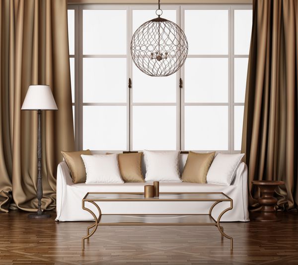 فضای داخلی زیبا اتاق نشیمن طلایی با مبل سفید