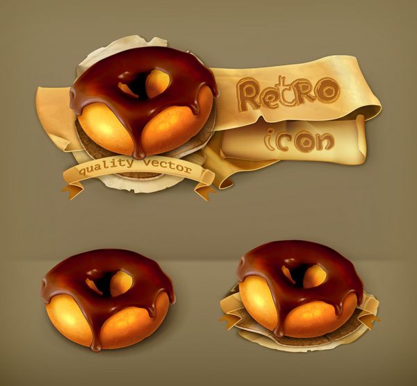 دونات حلقه ای در لعاب شکلاتی نماد وکتور رترو