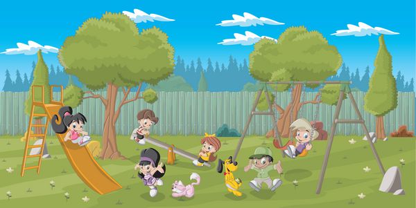 بچه های کارتونی شاد و ناز در حال بازی در زمین بازی در حیاط خلوت