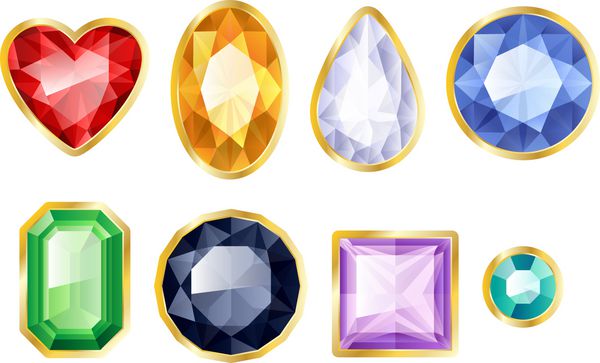 مجموعه ای از جواهرات واقعی سنگ های قیمتی رنگارنگ در قاب طلایی