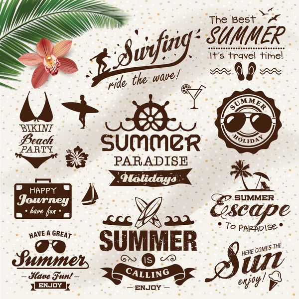 طراحی تابستانی قدیمی با برچسب ها مجموعه عناصر نمادها