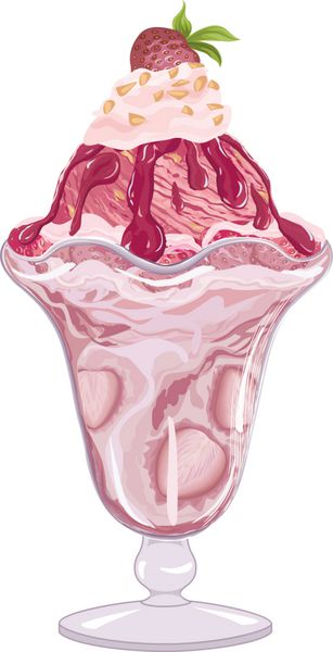 بستنی توت فرنگی در یک گلدان شیشه ای در زمینه سفید