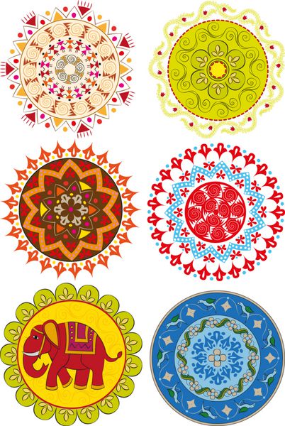 مجموعه ای از ماندالاهای رنگی هندی و الگوهای