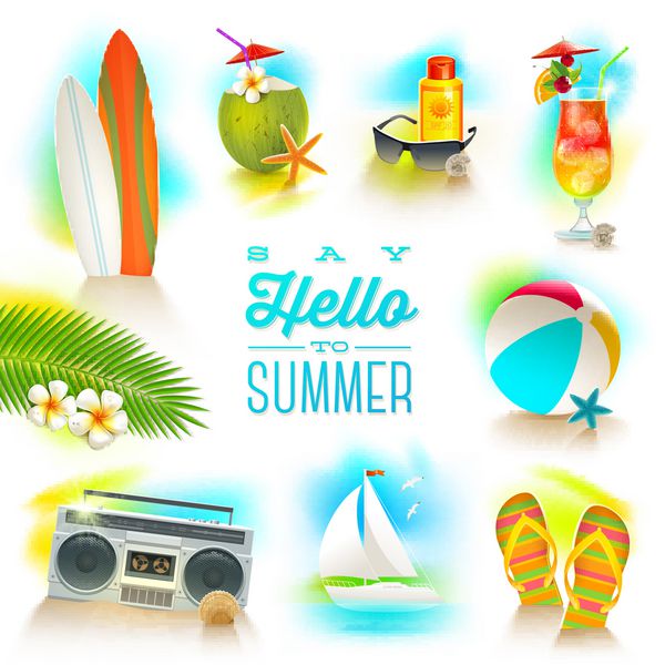 مجموعه ای از عناصر تعطیلات تابستانی و ساحلی