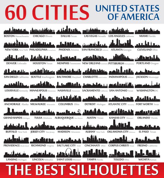 مجموعه ای از سیلوئت های باورنکردنی خط افق شهر ایالات متحده آمریکا