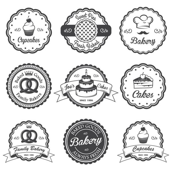 مجموعه ای از نمادها برچسب ها و طرح های نانوایی سیاه و سفید قدیمی