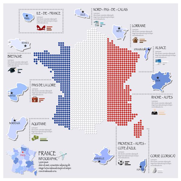 طراحی اینفوگرافیک نقشه نقطه و پرچم فرانسه