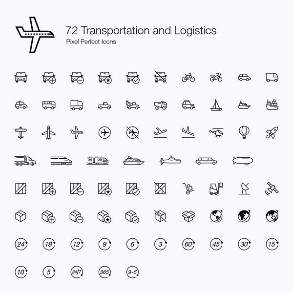72 نمادهای پیکسل کامل لجستیک حمل و نقل سبک خط