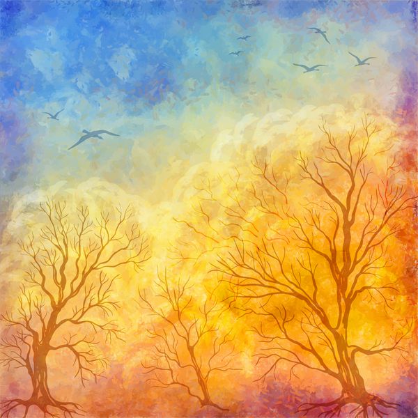 وکتور نقاشی رنگ روغن درختان پاییزی پرندگان در حال پرواز