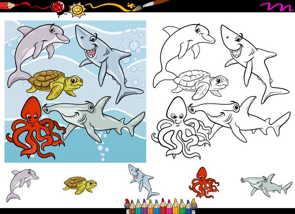 مجموعه صفحه رنگ آمیزی کارتونی زندگی دریایی
