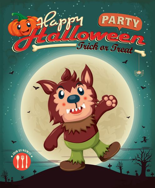 طراحی پوستر قدیمی هالووین با مرد گرگ