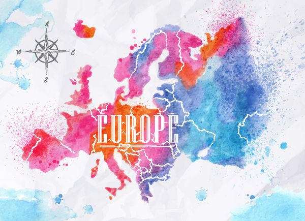 آبرنگ نقشه اروپا صورتی آبی