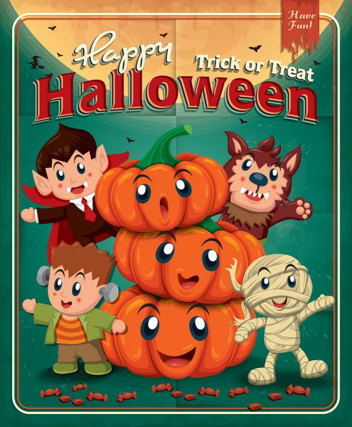 طراحی پوستر قدیمی هالووین با لباس بچه ها
