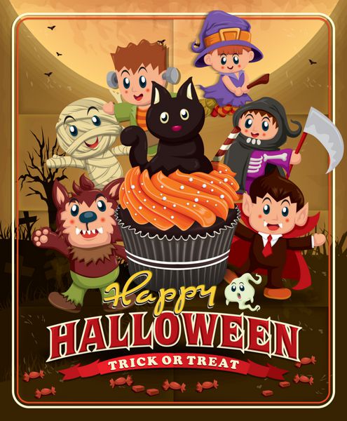 طراحی پوستر قدیمی هالووین با کیک کاپ بچه ها در لباس