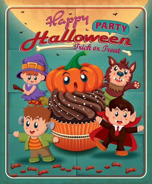 طراحی پوستر قدیمی هالووین با کیک کاپ بچه ها در لباس