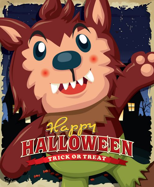 طراحی پوستر قدیمی هالووین با بچه در لباس مرد گرگ