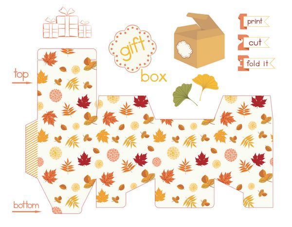 جعبه هدیه قابل چاپ با برگ های رنگارنگ پاییزی