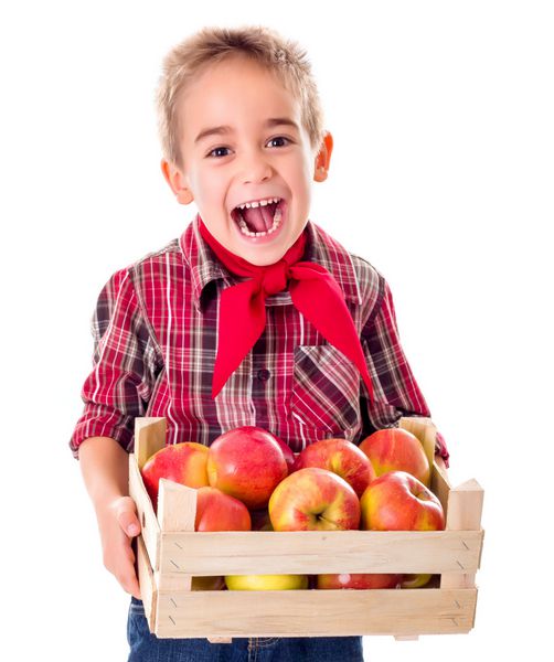 پسر کشاورز خوشحال که سیب در دست دارد