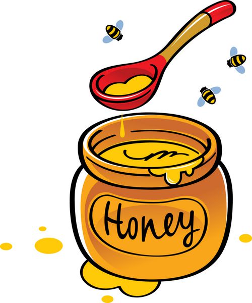 شیشه عسل با قاشق چوبی و زنبور عسل