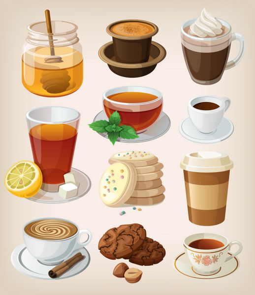 مجموعه ای از نوشیدنی های گرم خوشمزه قهوه چای و لوازم