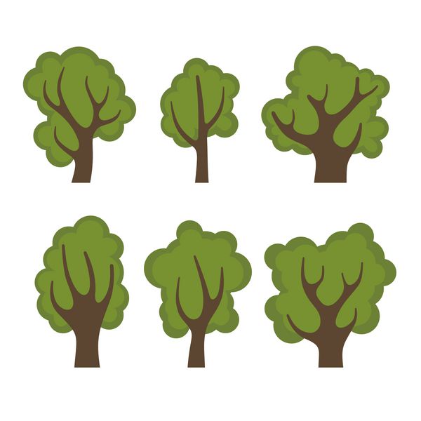 مجموعه ای از درختان سبز مختلف به سبک کارتونی بردار