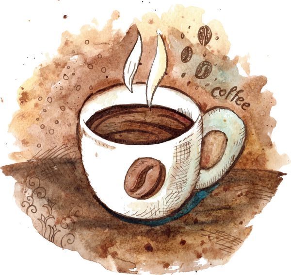فنجان قهوه با آبرنگ طراحی شده با دست
