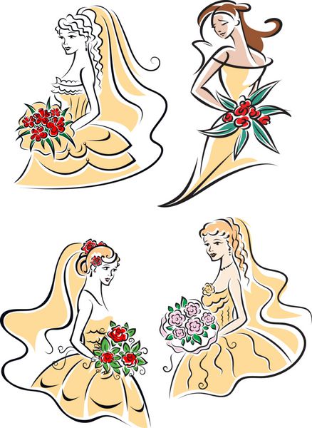 طرح کلی عروس های شاد با دسته گل های شاداب