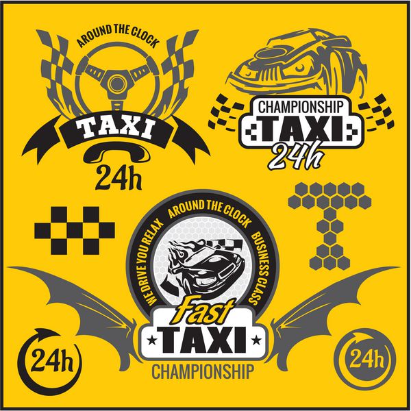نمادهای تاکسی و عناصر برای نشان تاکسی - مجموعه وکتور